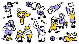 animated figures playing sports and reading