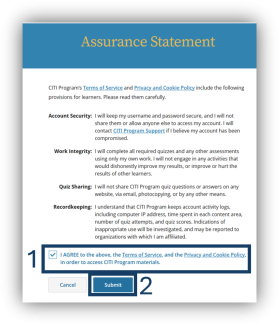 Agree to the "Assurance Statement" by clicking the box next to "I AGREE to the above..." Then click the "Submit" button.