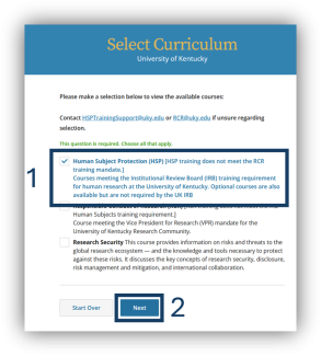 On the Select Curriculum page, click the box next to "Human Subject Protection (HSP)." Then click the "Next" button.