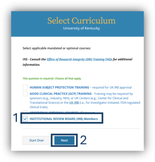 For the next question, click the box next to "Institutional Review Board (IRB) Members." Then click the "Next" button.