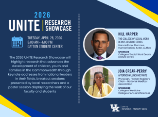 Event flyer for the 2026 UNITE Research Showcase on April 28th from 8 a.m. to 4 p.m. in the Gatton Student Center