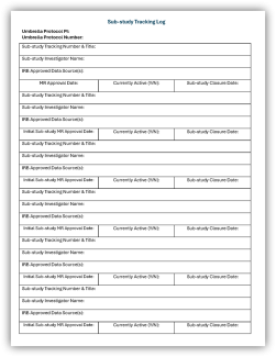 Sample Sub-study Tracking Log in table format