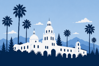 A white building with trees and mountains