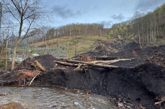 A stream flows past a large deposit of dark debris and uprooted trees at the base of a wooded hillside. Downed utility lines and damaged infrastructure illustrate the impact of a landslide or severe flooding event.
