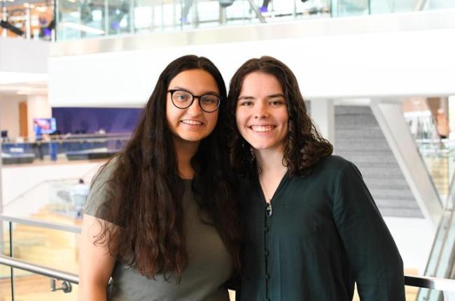 Sophia Goodin and Sophie Ciaverelli stand together at the Gatton Student Center.
