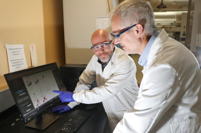 Vincent Venditto and Dave Feola at a computer in their lab
