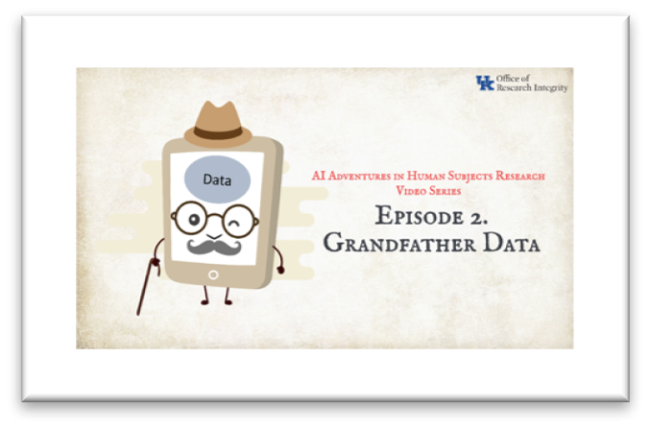 Episode 2. Grandfather Data (Cartoon - device with hat, cane, glasses, arms, legs, and gray mustache)
