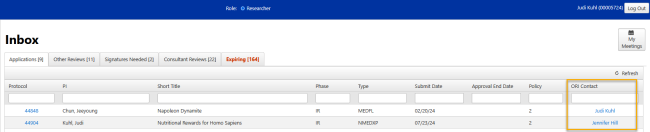 Researcher Inbox ORI Contact Column