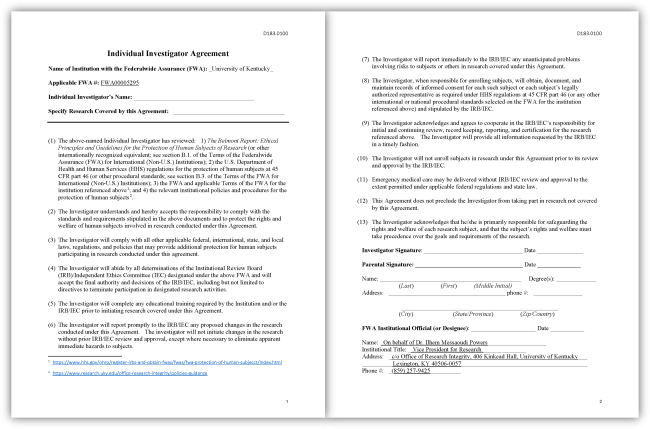 Individual Investigator Agreement for minors [D183.0100]