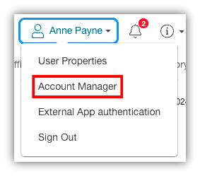 LabArchives Account Manager, click drop down next to your name to access