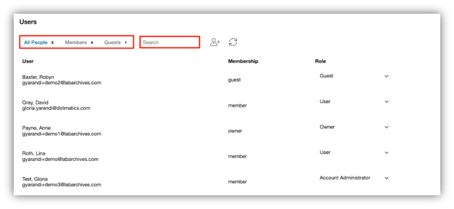 LabArchives Account Manager Users Screen