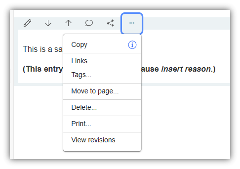 Sample of adding a rich text entry to the page to explain that something was deleted and why.