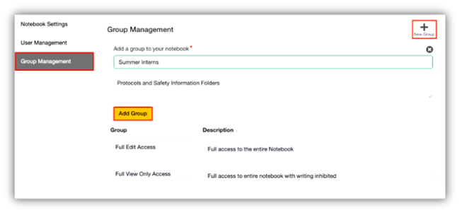 LabArchives Group Management, use to edit a group within current notebook