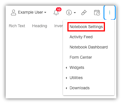 LabArchives Notebook Settings in kabob list, upper right hand of screen