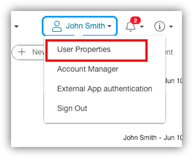 LabArchives User Properties, drop down beside your name, first option