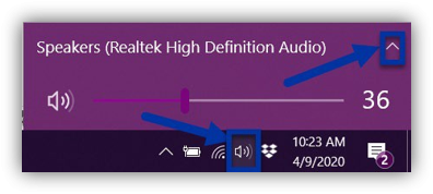 Click your computer speaker icon to turn up volume and make sure the audio device is correct.