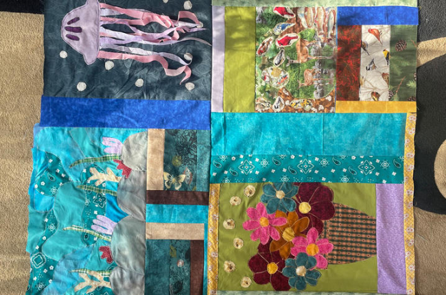 a quilt with environmentally-themed squares