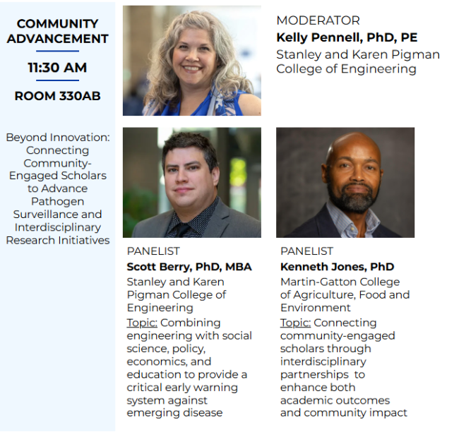 2026 UNITE Research Showcase panelists and moderators for the Community Advancement breakout session on April 28th at 11:30 am in the Gatton Student Center Room 330AB