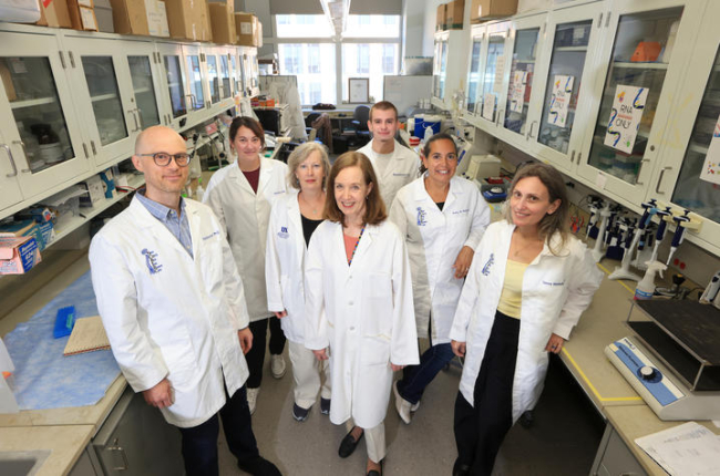 A group of seven researchers wearing white lab coats stand together in a laboratory surrounded by benches, scientific equipment and storage cabinets. The team poses for a group photo in a bright research space.