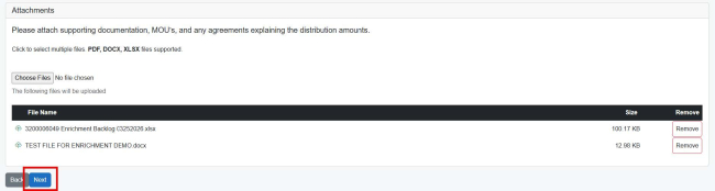 Attachments window with the "Next" button highlighted
