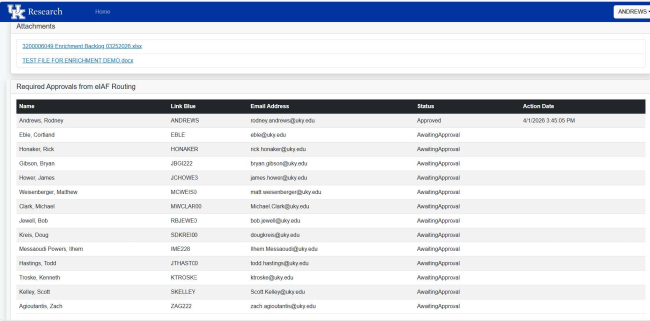 screenshot showing Required Approvals from eIAF Routing
