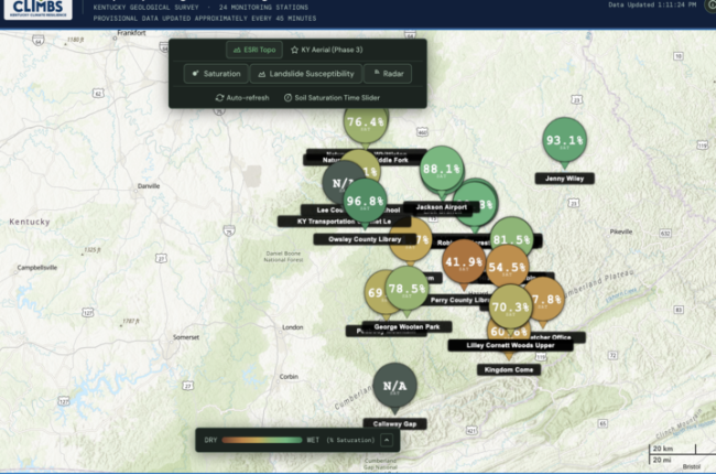 Screenshot of the Kentucky Geological Survey’s Slope Hydrologic Monitoring Network dashboard. A map of eastern Kentucky displays monitoring stations with color-coded markers showing soil saturation levels, helping researchers track conditions.
