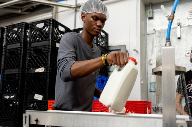 A worker wearing a hairnet and long-sleeved shirt handles a plastic milk jug in a dairy processing facility. Black storage crates are stacked in the background, while stainless steel equipment and water spray are visible nearby