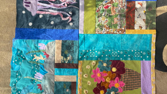 a quilt with environmentally-themed squares