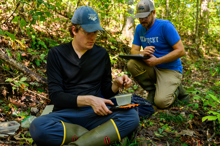 William Taylor and Steven Price document and tattoo a northern slimy salamander at Robinson Forest in Jackson, Kentucky.